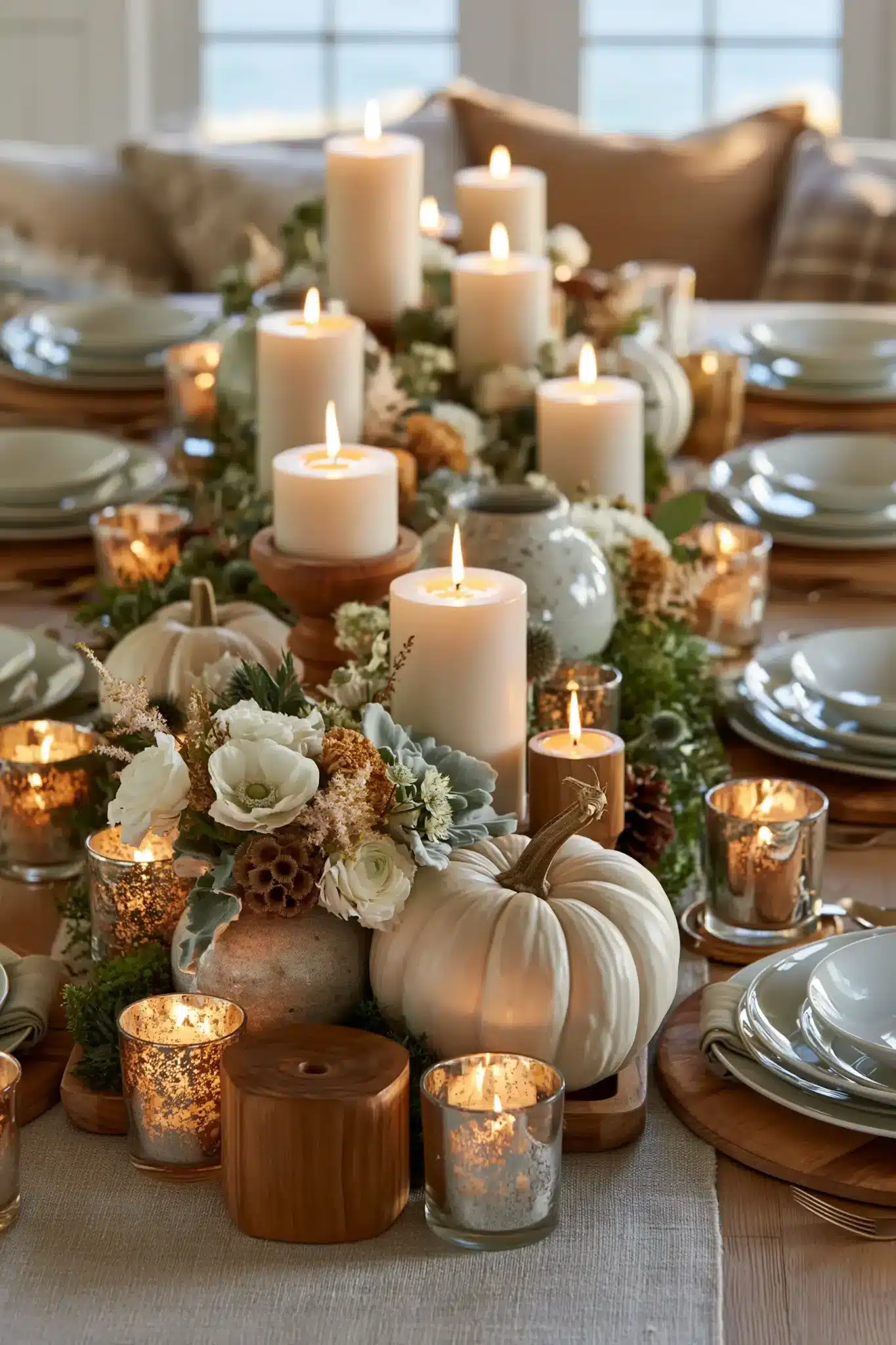 An elegant Thanksgiving centerpiece with candles, greenery, flowers, and mixed natural textures.