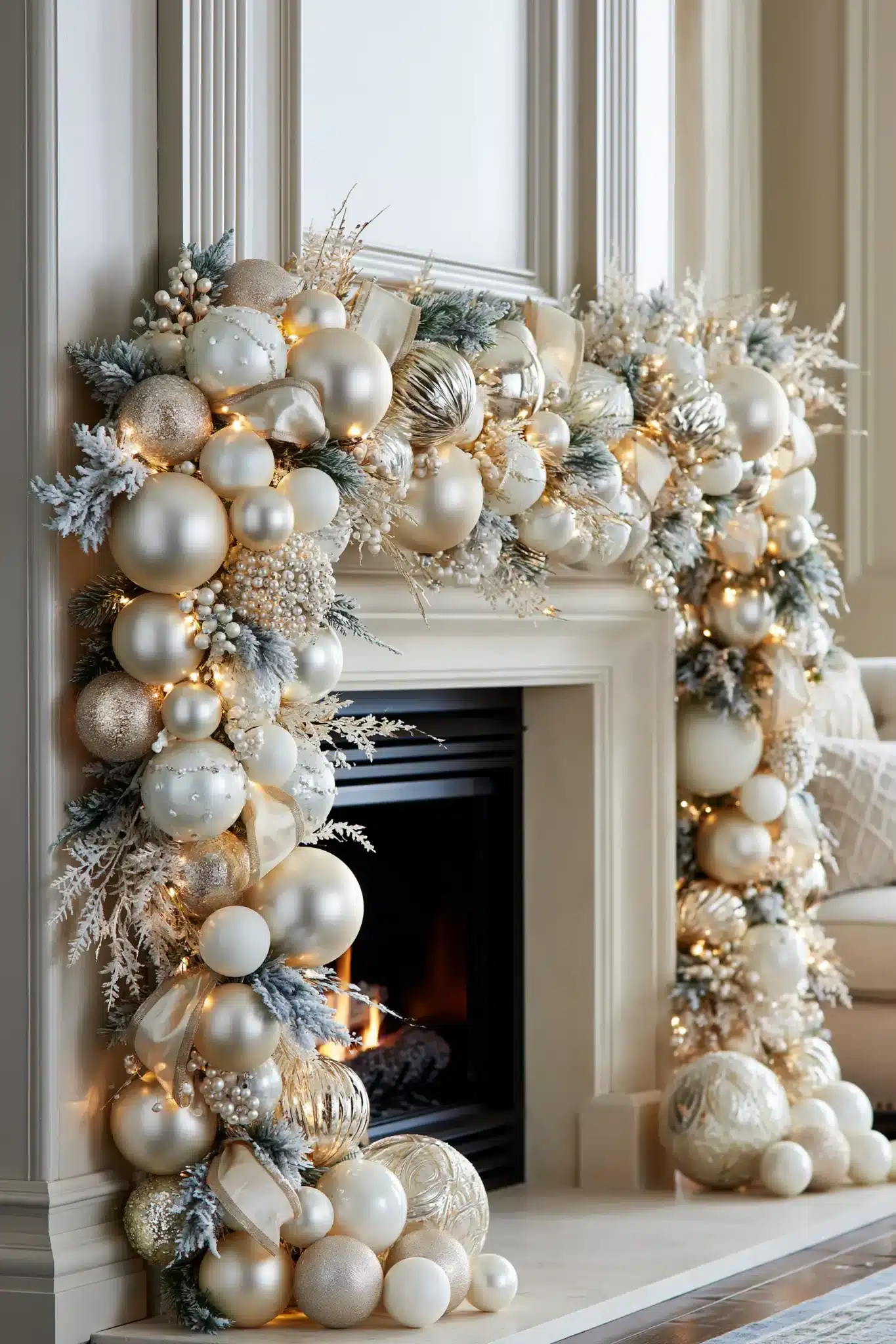 A Christmas garland made with champagne baubles, white ornaments, gold ribbon, and greenery.