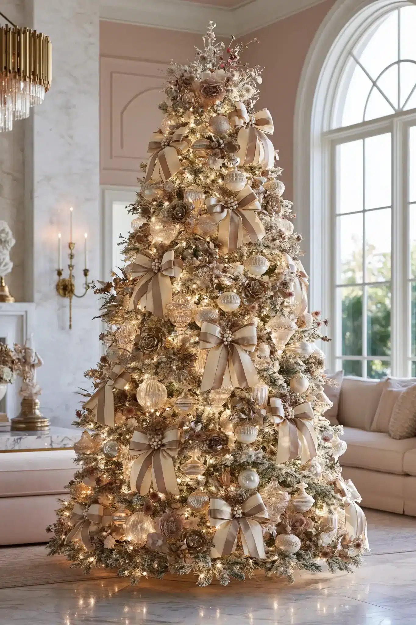 Elegant champagne gold Christmas tree with metallic ornaments and satin ribbon