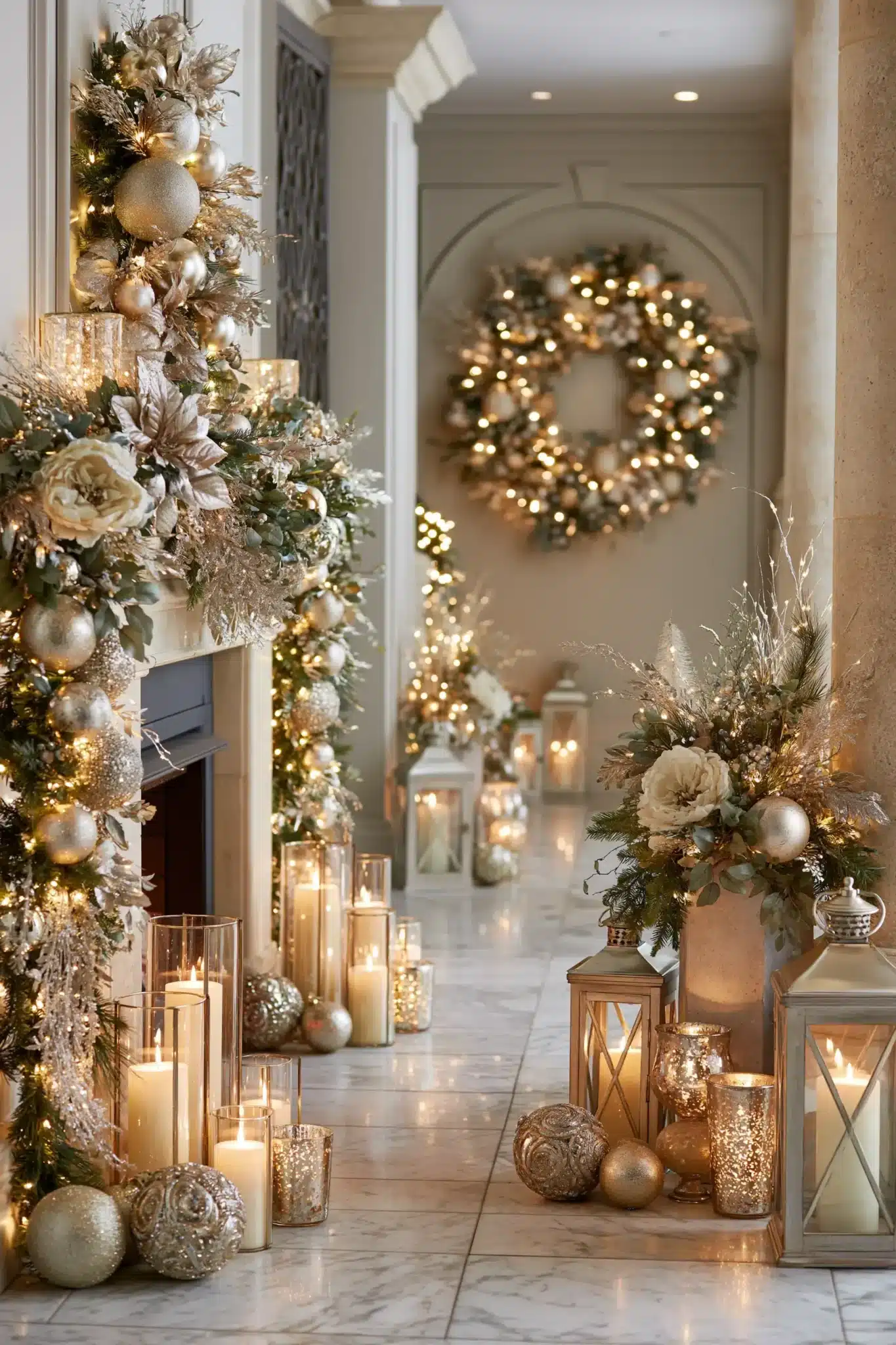 Elegant hallway with champagne gold Christmas ornaments and warm candlelight