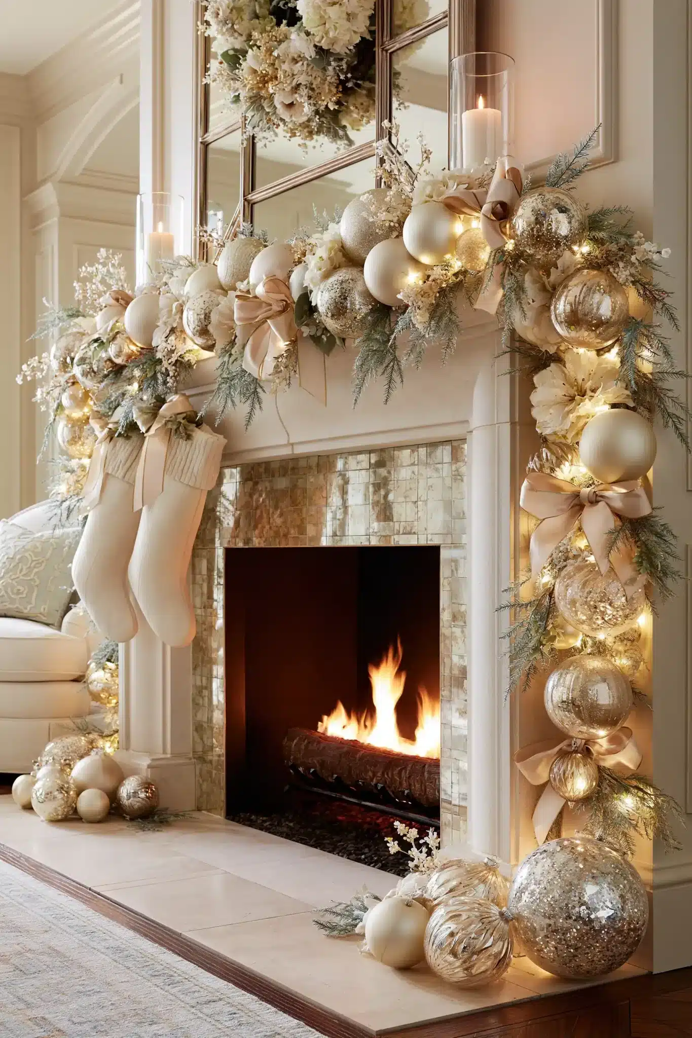 A soft champagne Christmas mantel with elegant ornaments and glowing lights.
