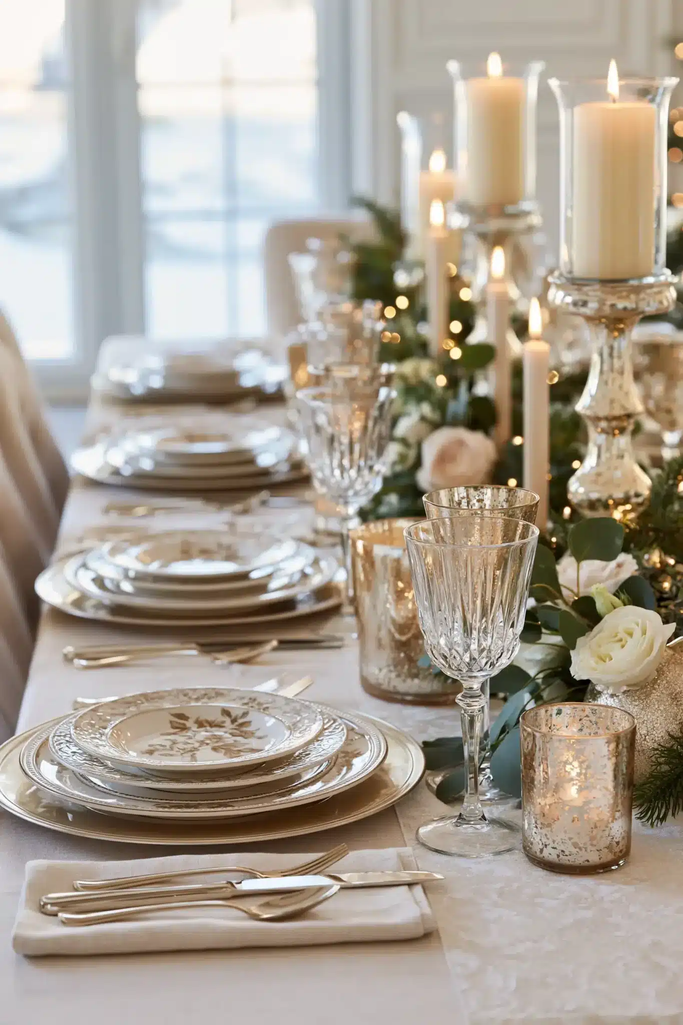 A champagne-toned Christmas table with creamy linens and warm metallic accents