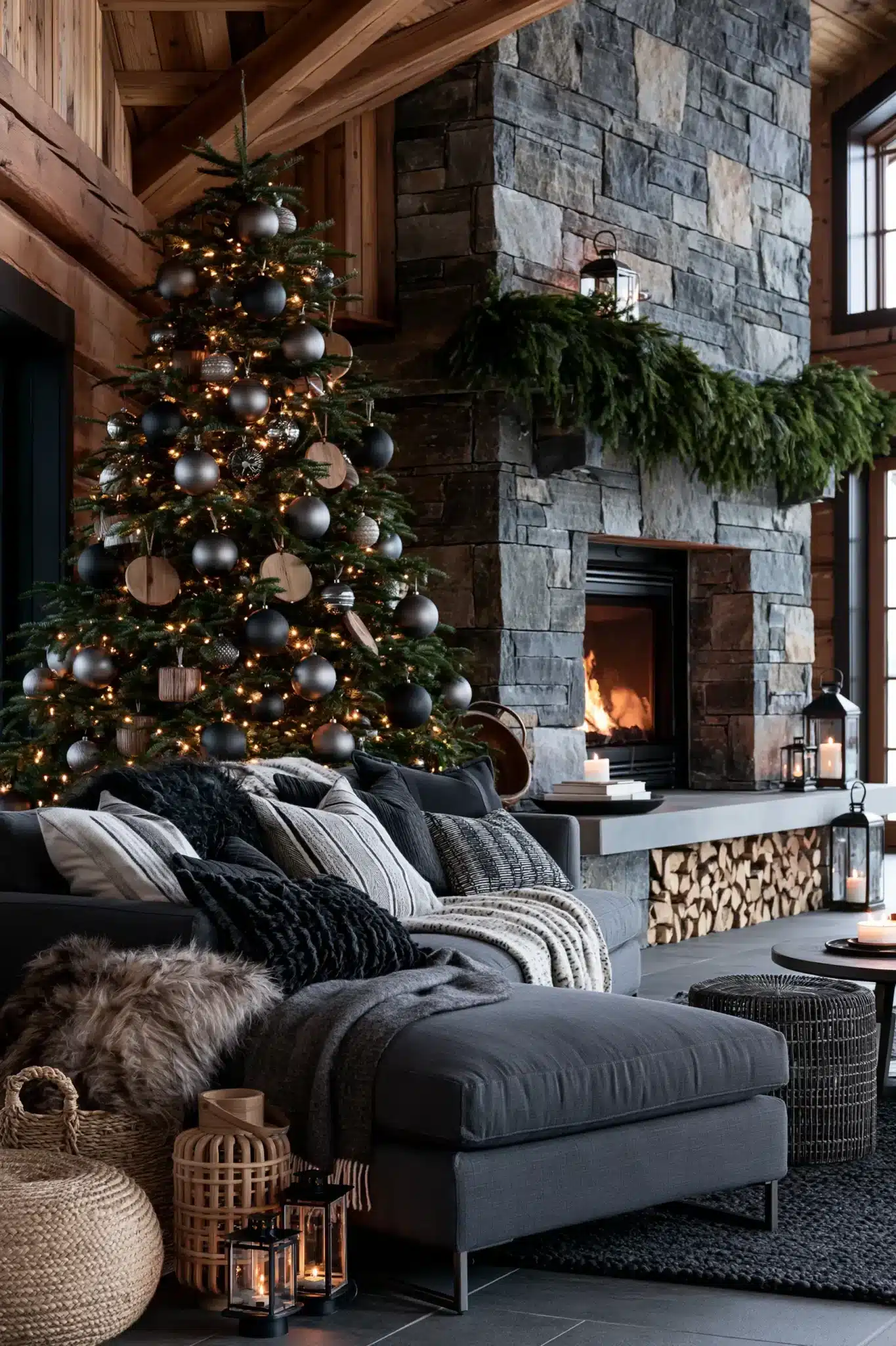 Charcoal chalet moody Christmas decor with timber, garlands, wool blankets, and lantern light.