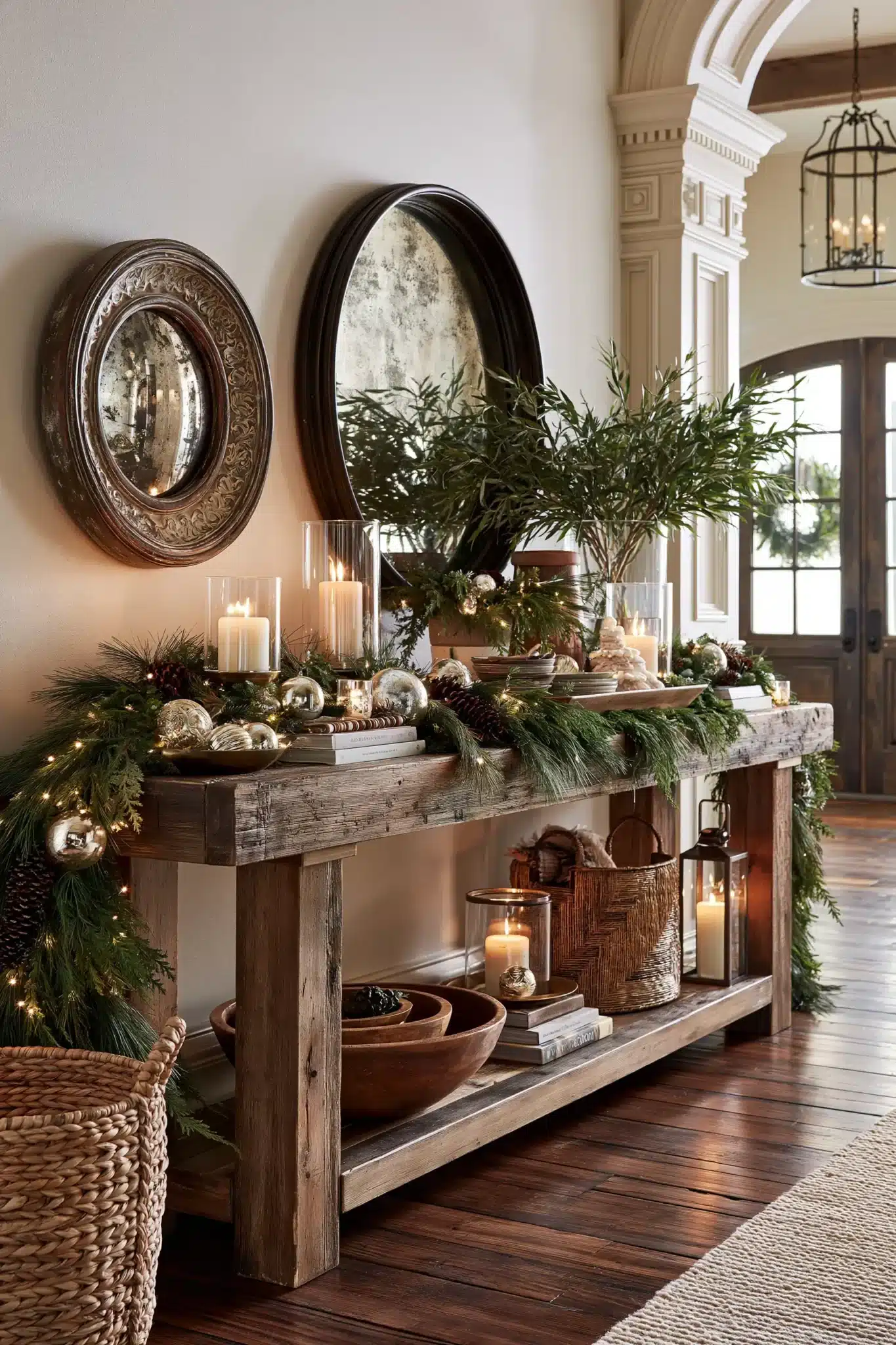 Charming Christmas entryway table with greenery, candles, signs, ornaments, and warm lighting