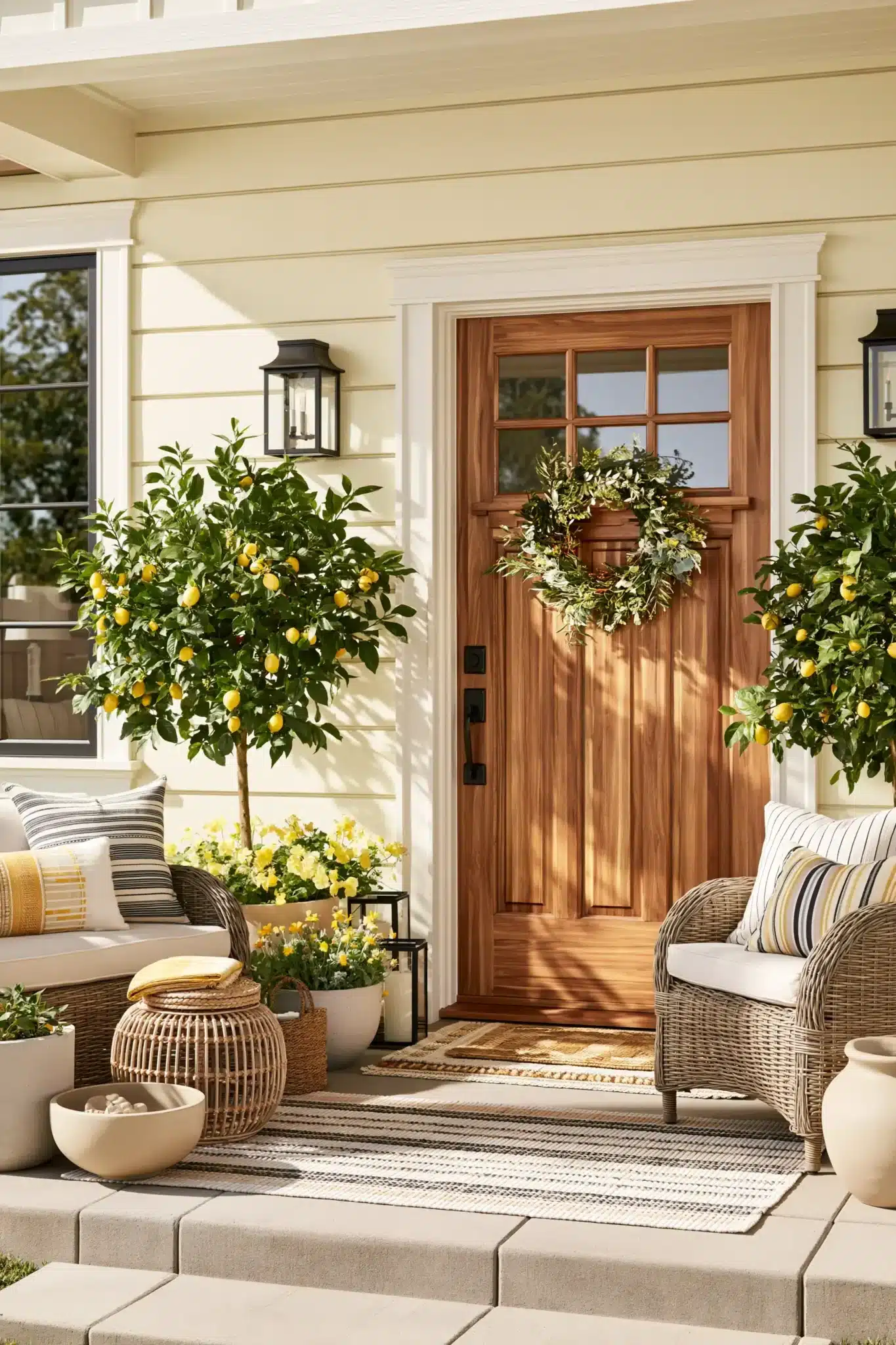 A bright spring porch with citrus-inspired colors, a lemon tree, and cheerful seasonal accents.