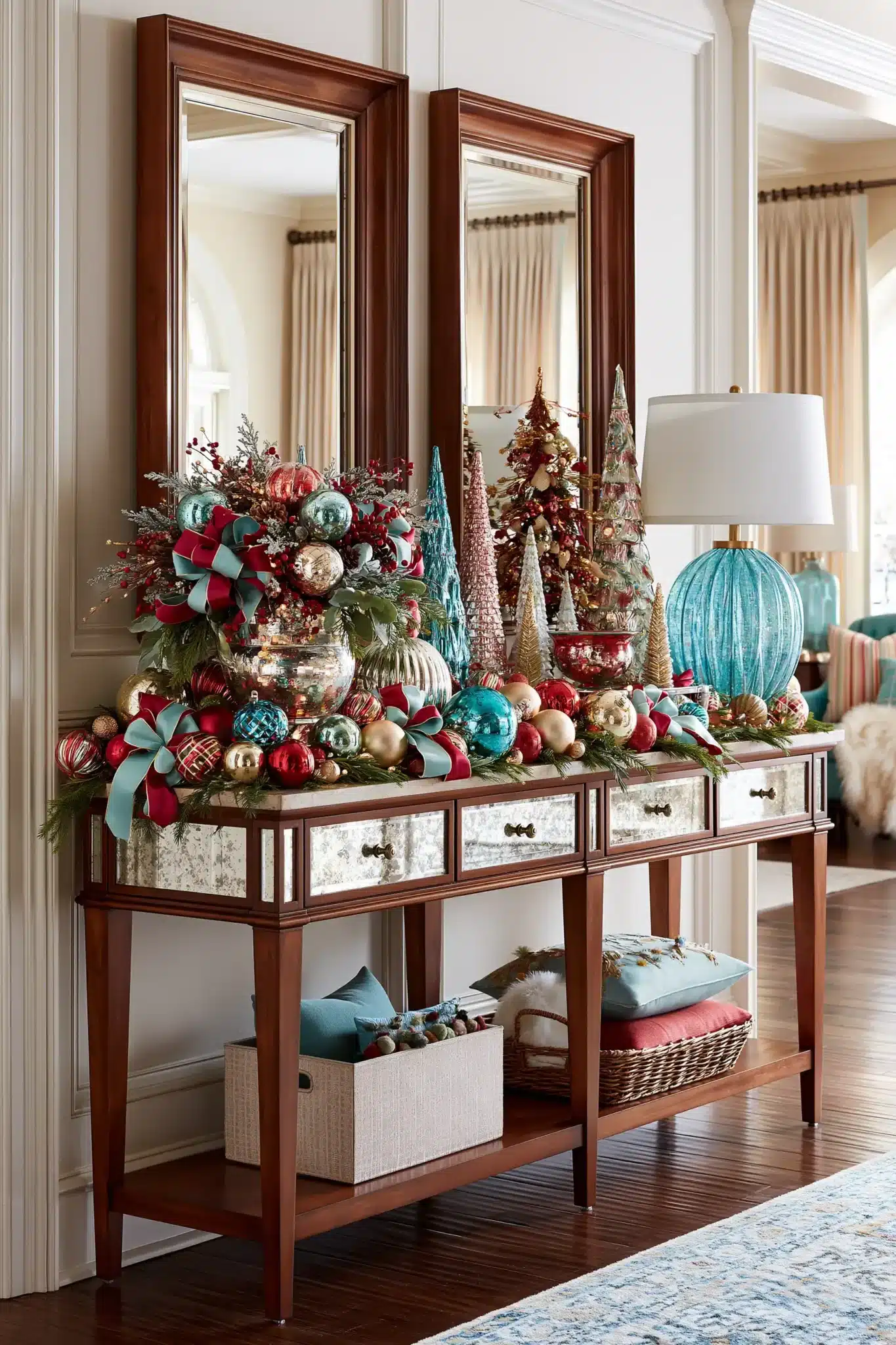 Cheerful Christmas entryway table with colorful ornaments, ribbons, greenery, and warm lighting