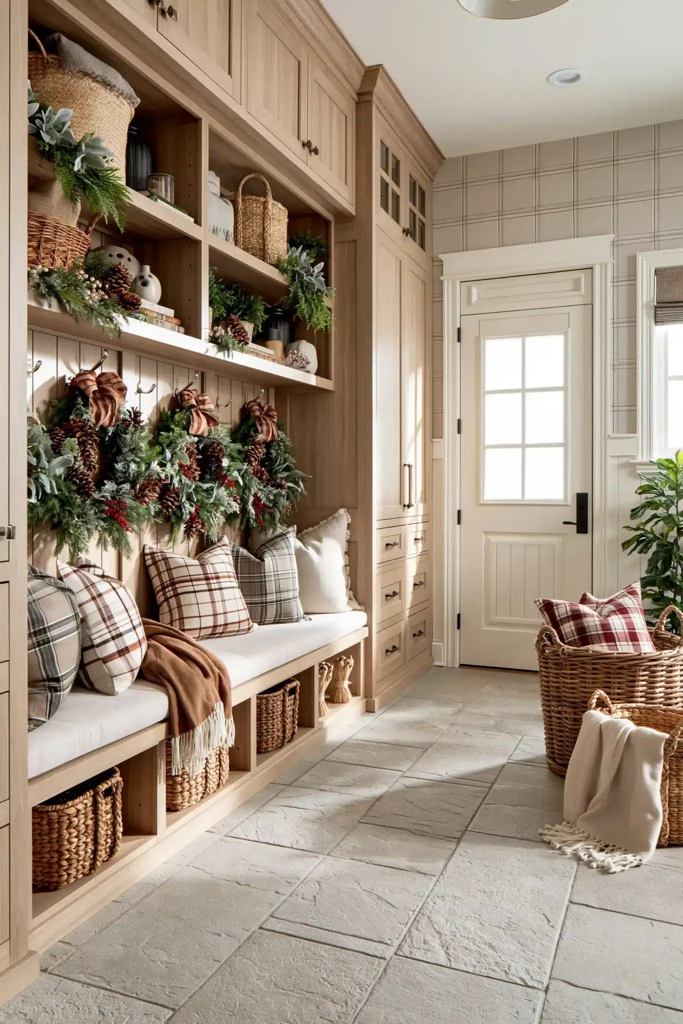A mudroom styled with Christmas decor and organized storage