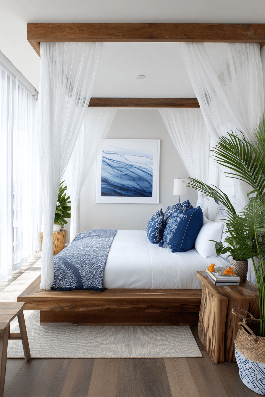Resort-inspired cabana bedroom with striped accents, canopy bedding, and crisp white fabric