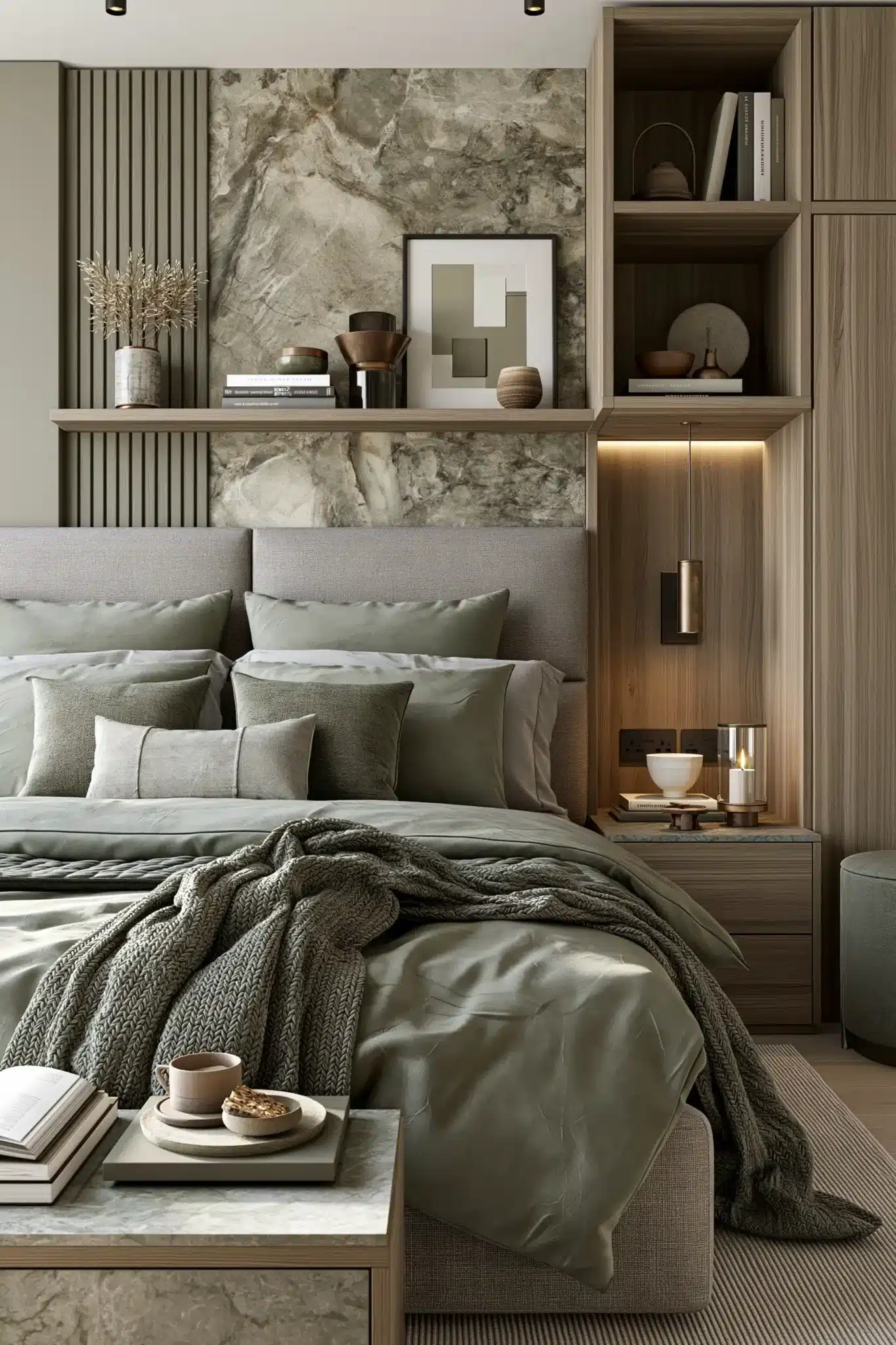 Chic sage green and grey bedroom with stone-inspired colors, marble accents, and layered textures