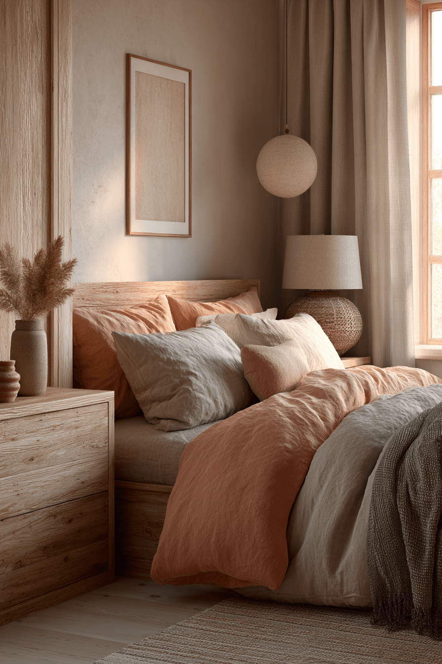 Warm bedroom in muted peach and terracotta tones with simple decor