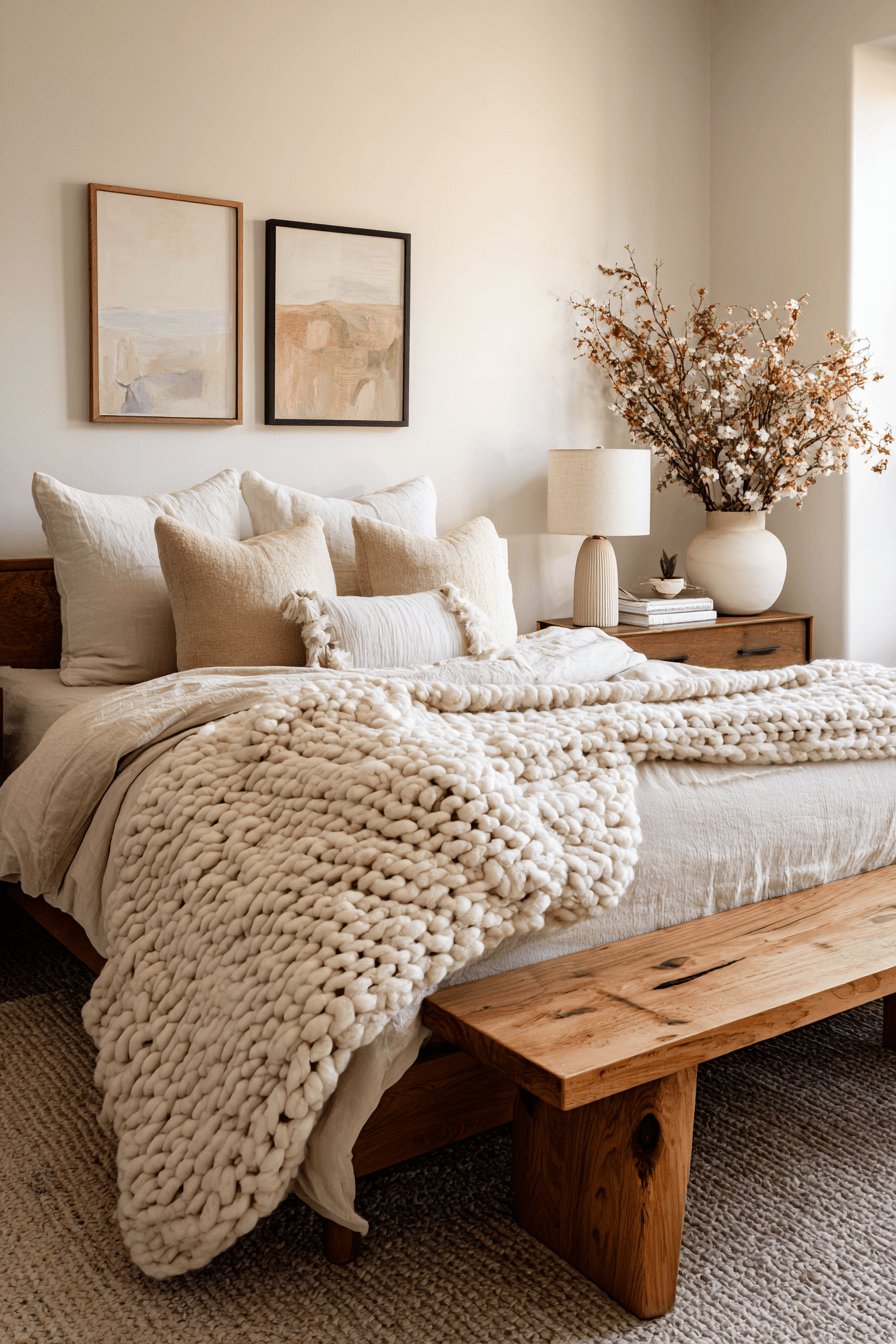 Neutral warm bedroom with creamy walls, tan accents, and layered textures
