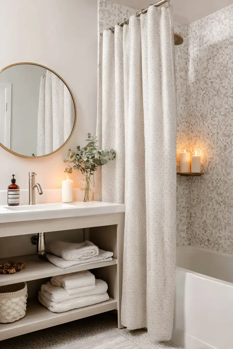 Rental bathroom with removable wallpaper, stylish storage, and soft decor