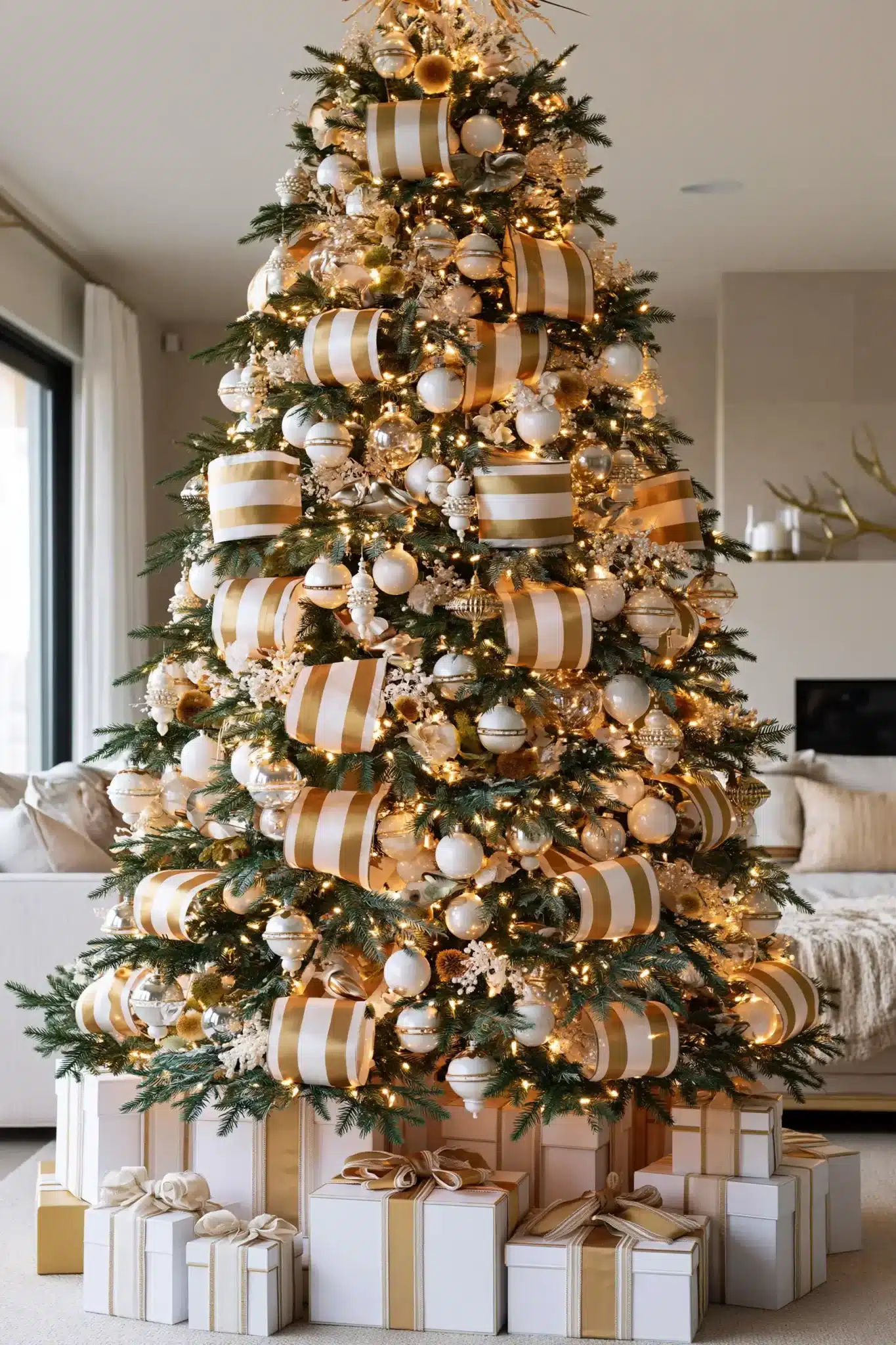 A Christmas tree with wide gold ribbon woven through branches and matching ornaments.