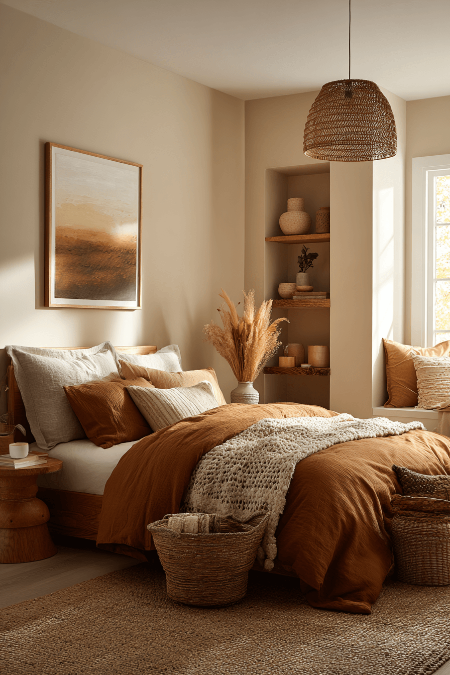 A cozy cinnamon bedroom with cream walls, wood furniture, and warm brass accents