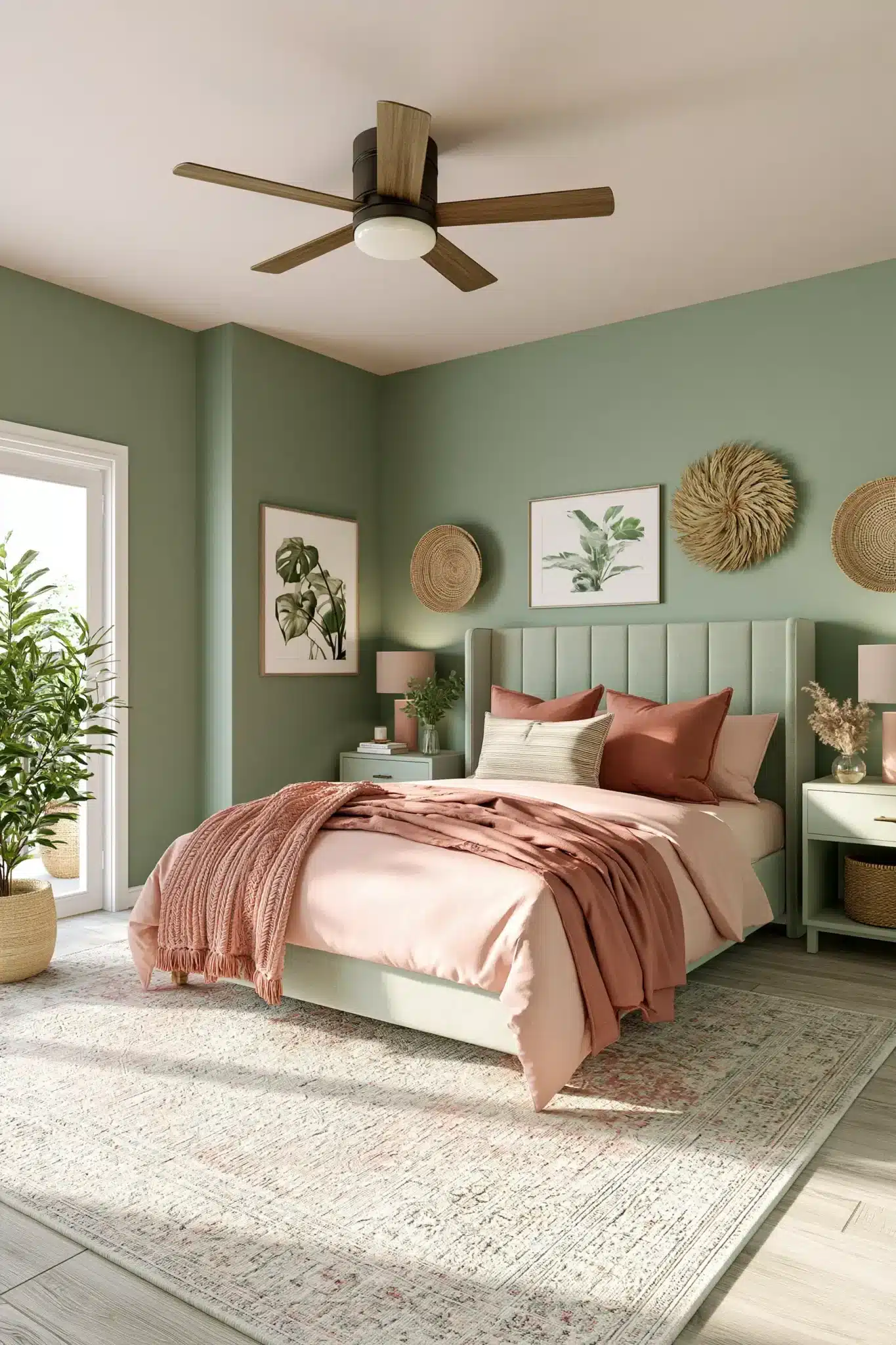 Timeless sage green and blush bedroom with light layers, natural textures, and soft lighting.
