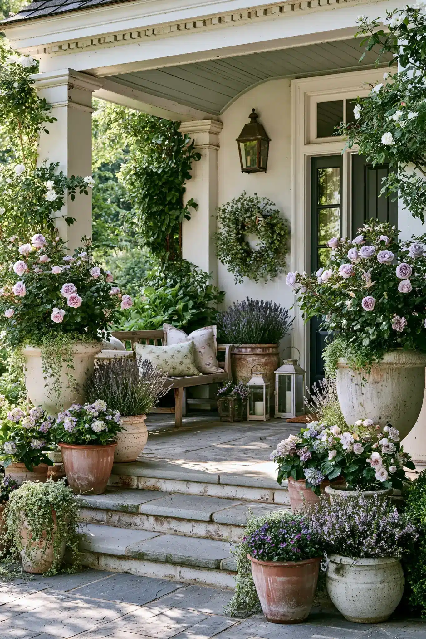 A refined spring porch styled with English garden flowers, layered greenery, and classic containers.