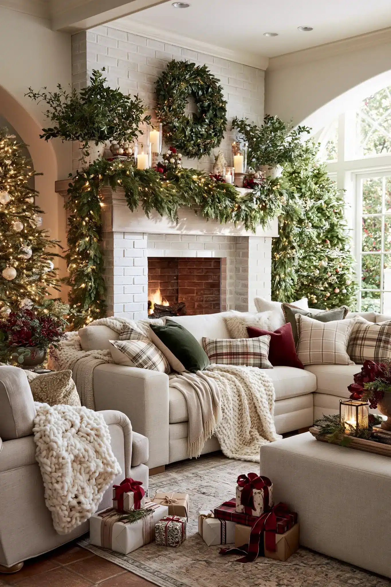 A classic living room decorated with timeless Christmas accents