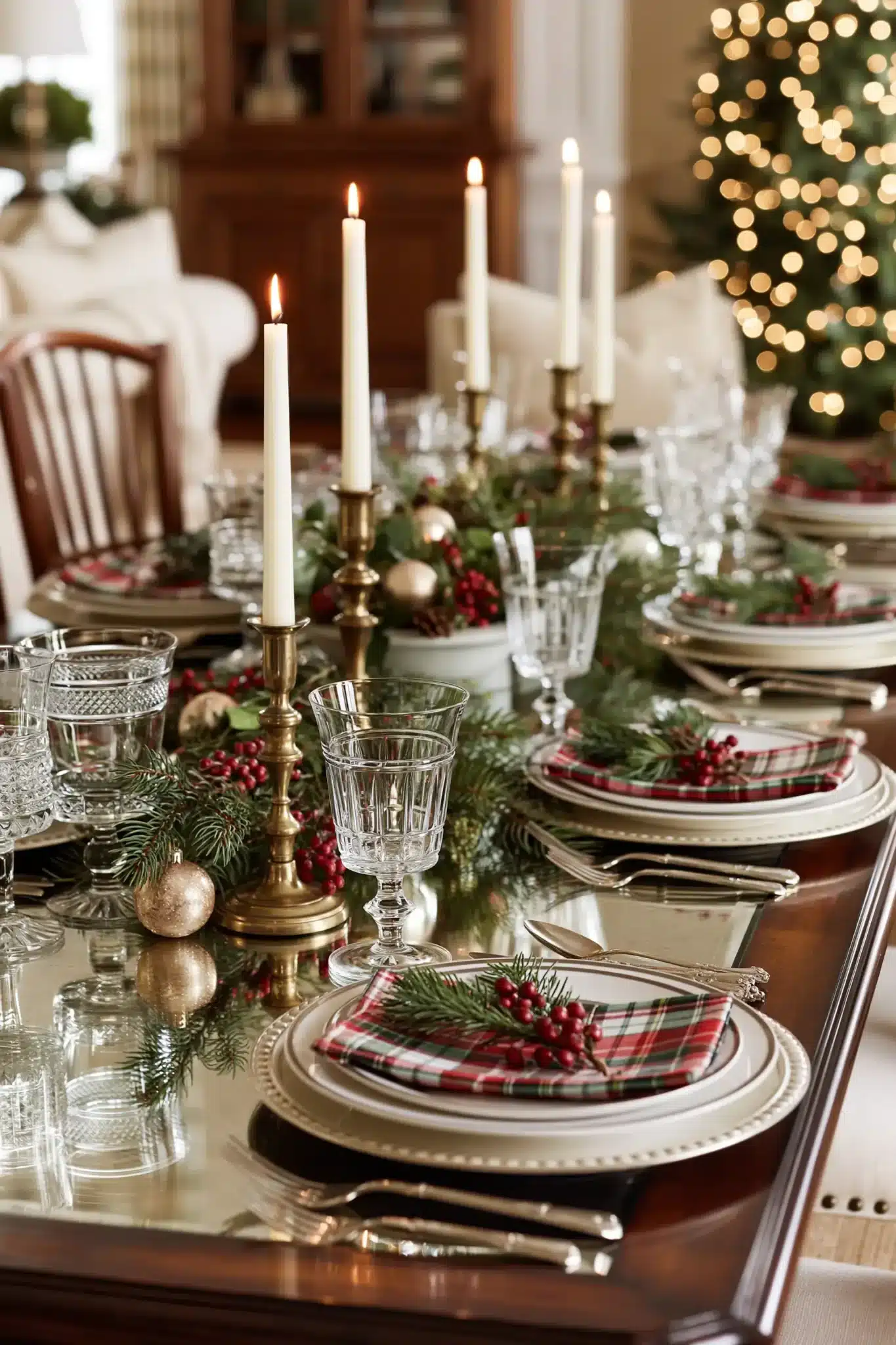Timeless Christmas tablescape with candles, greenery, plaid napkins, and elegant dinnerware.