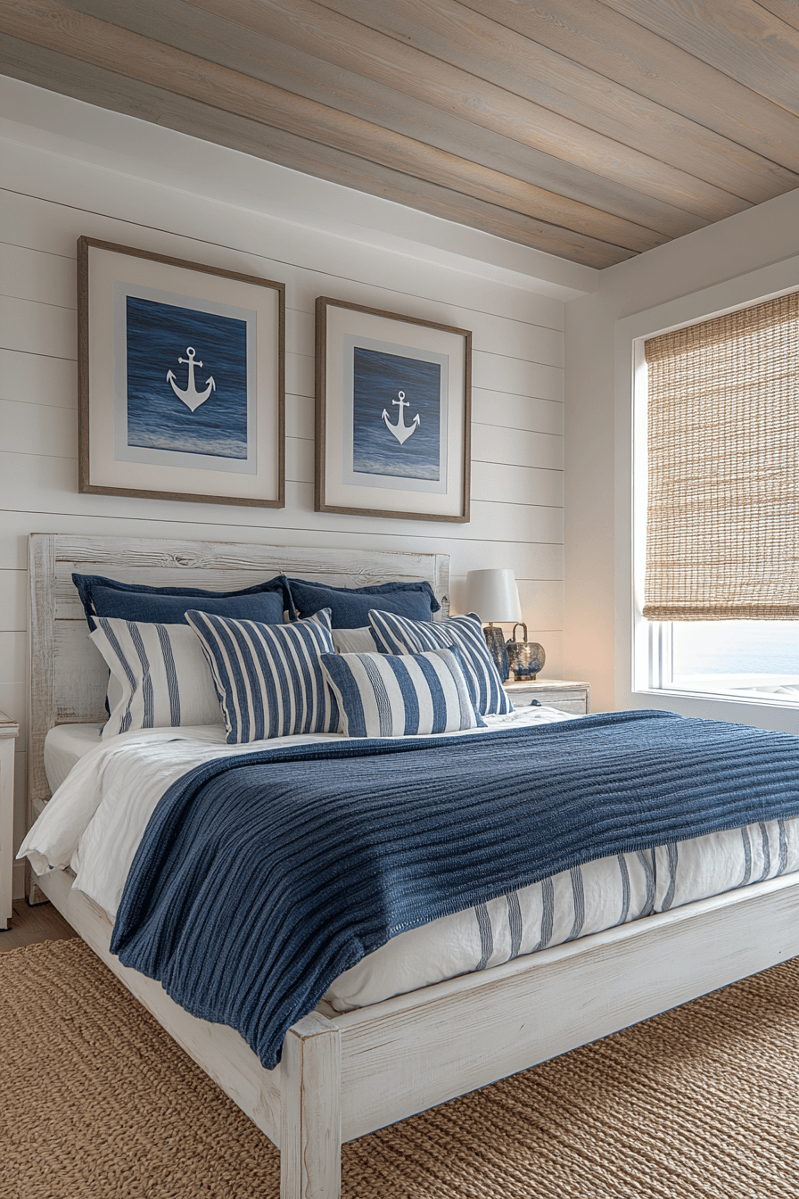 Nautical beachy bedroom with white bedding navy stripes rope accents and wood floors