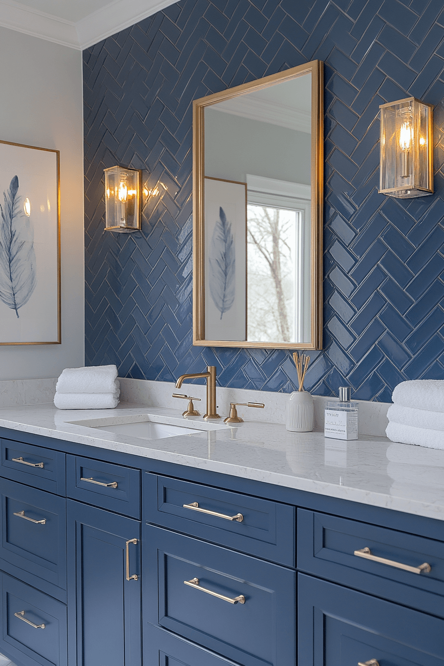 Classic navy and white bathroom with gold hardware and clean coastal styling