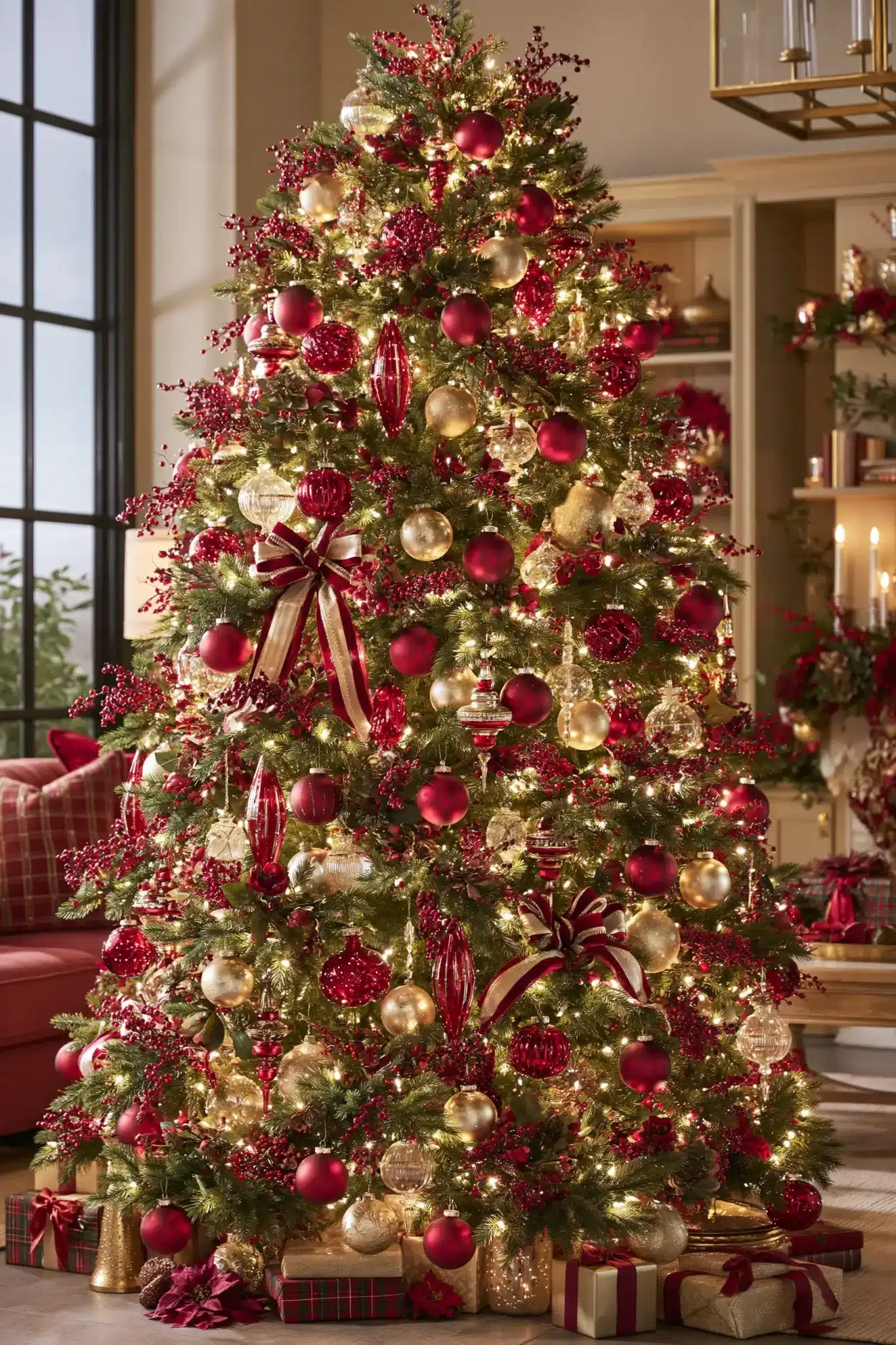 Classic red and green Christmas tree with gold accents and warm white lights