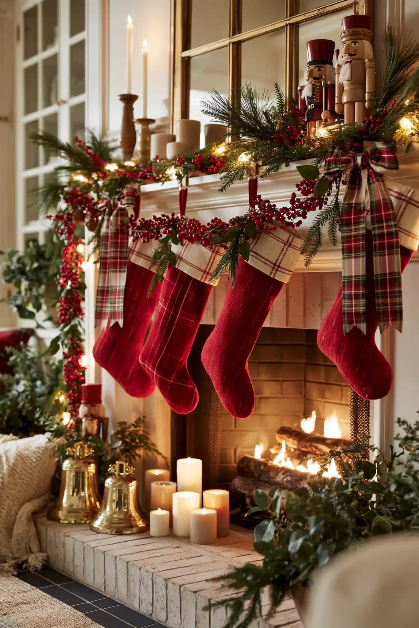 A traditional Christmas fireplace with red stockings, berries, and evergreen garland.