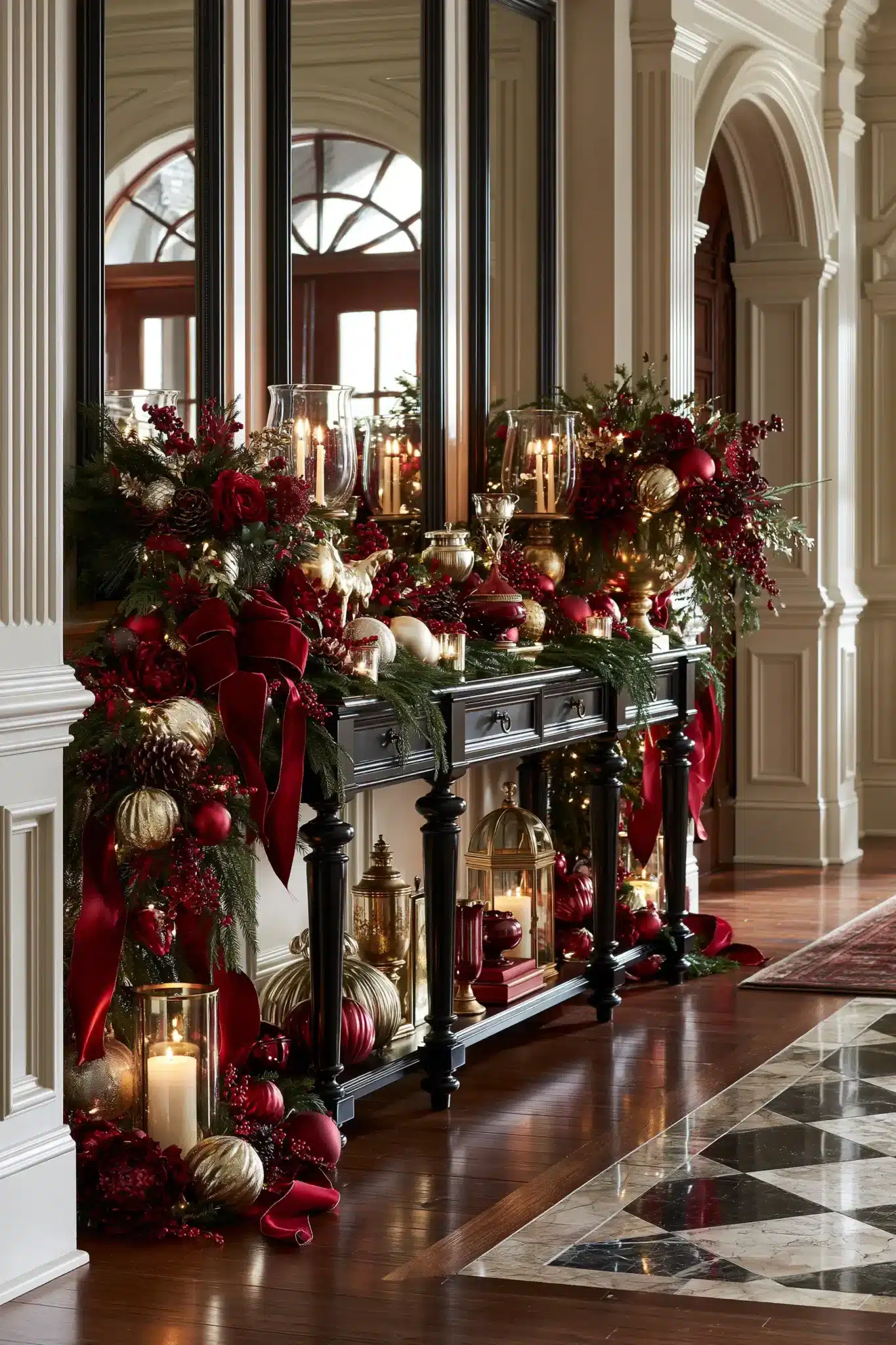 Classic red Christmas entryway table with ribbon, greenery, ornaments, and gold accents