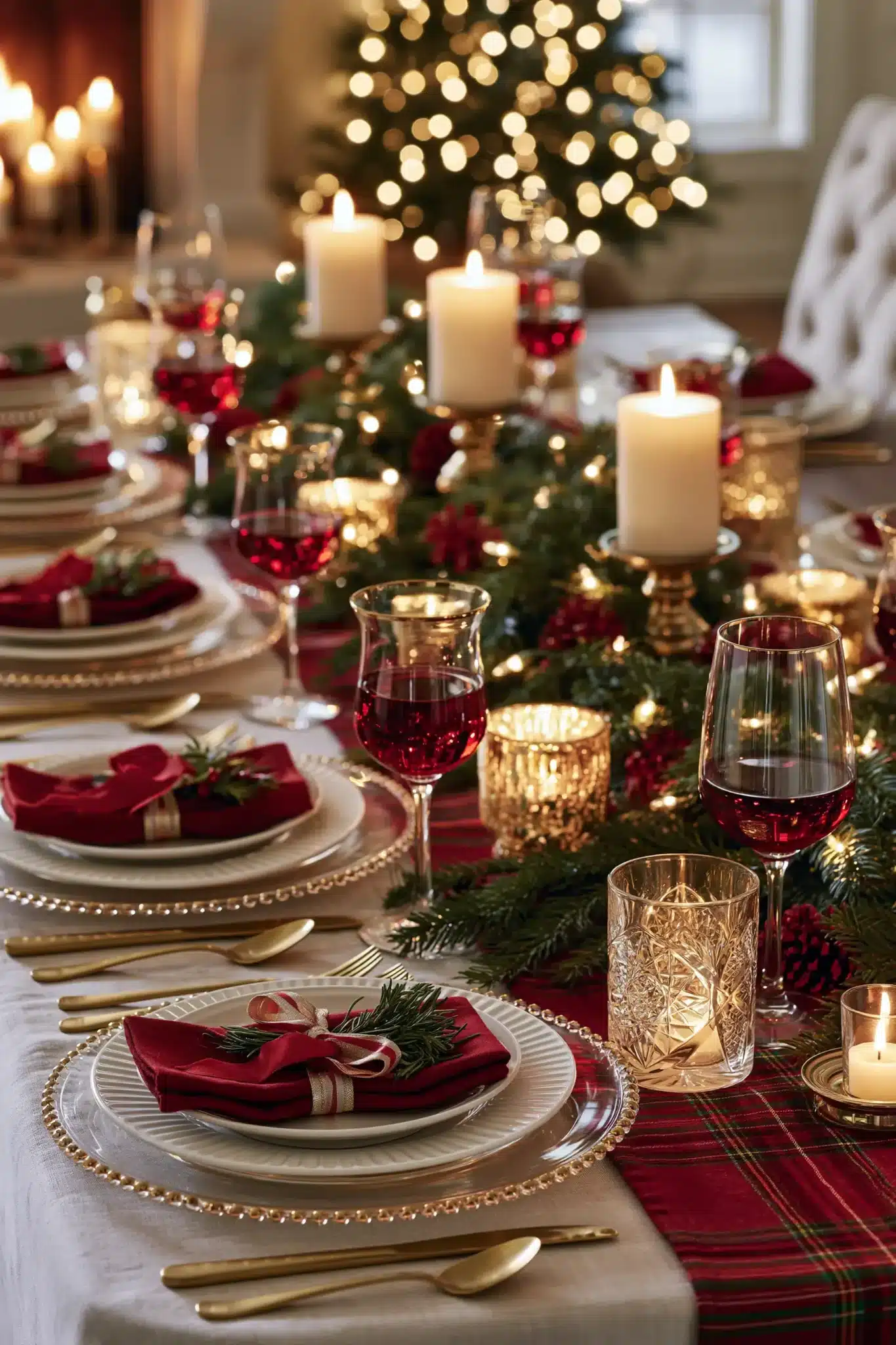 A classic red Christmas tablescape with white dinnerware, greenery, and candlelight