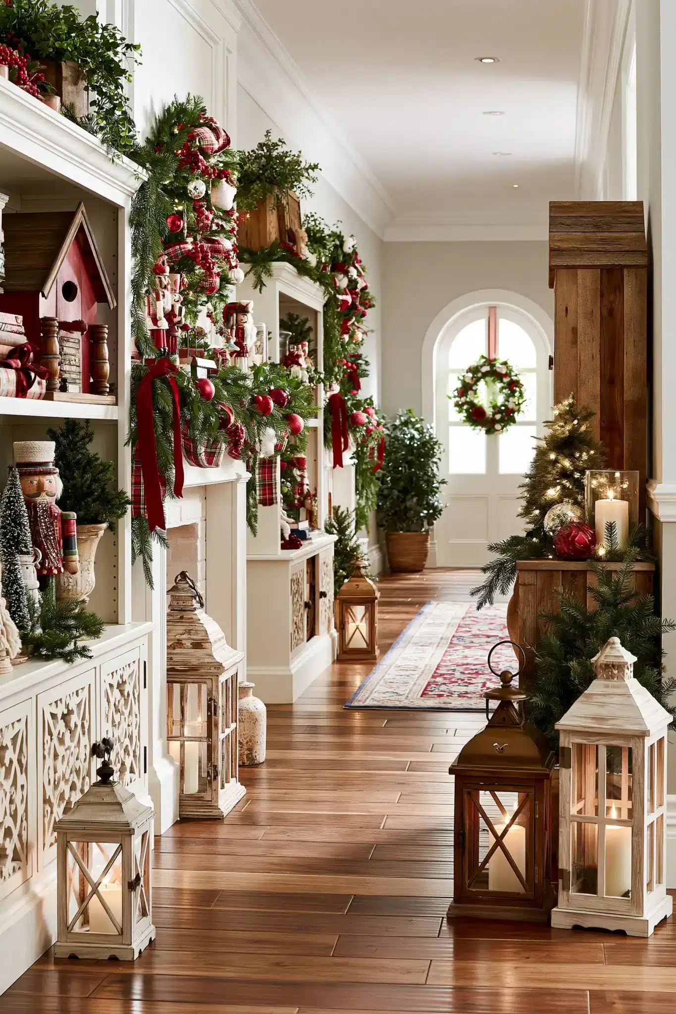 Nostalgic hallway featuring wooden toys and classic Christmas decorations