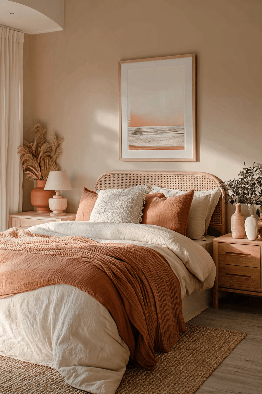 Beachy boho bedroom with clay-toned decor, creamy bedding, whitewashed furniture, and a vintage rug