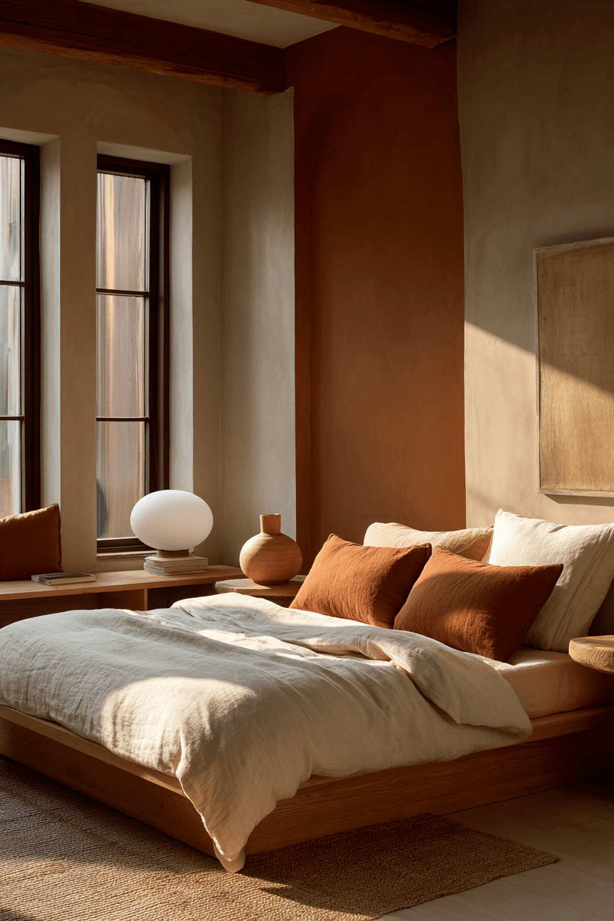 Warm minimalist bedroom with clay, sand, and terracotta tones