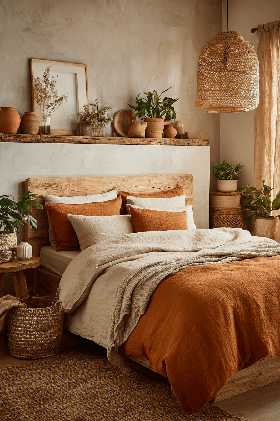 A warm cozy bedroom with terracotta bedding, olive accents, and natural woven decor.