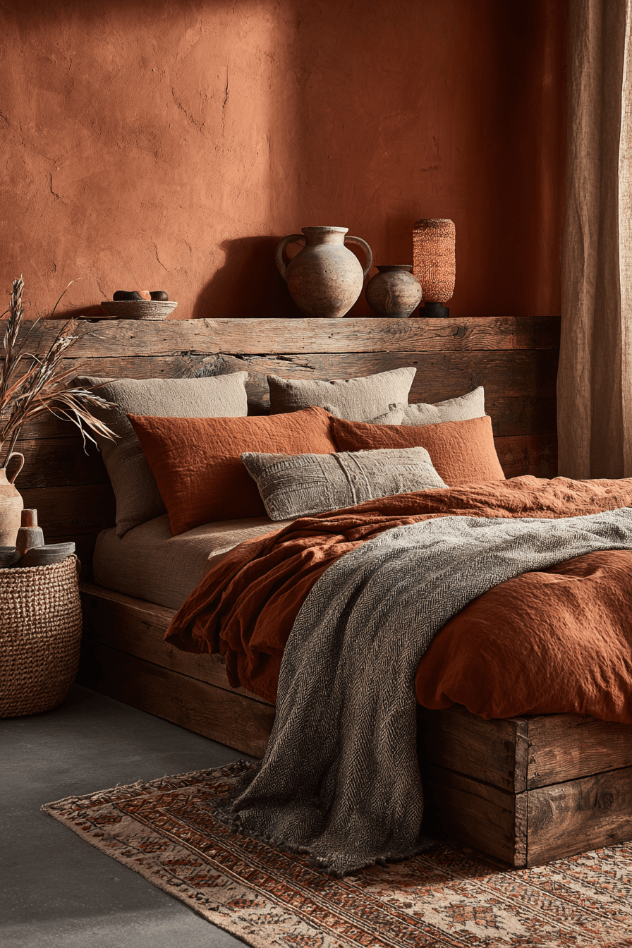 Earth-toned warm neutral bedroom with rustic wood bed and terracotta accents