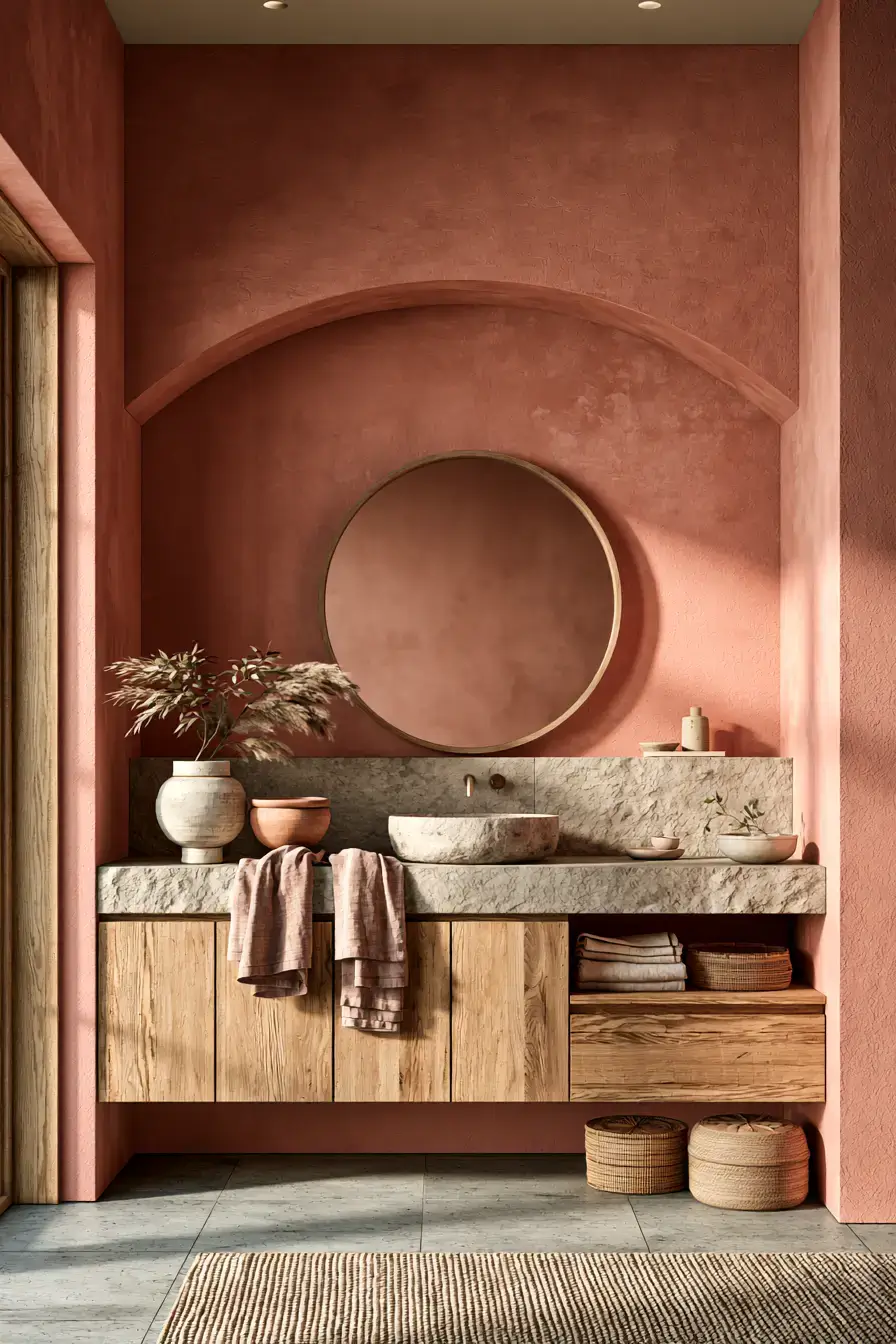 Japandi bathroom in soft clay tones with timber, stone, and handmade details