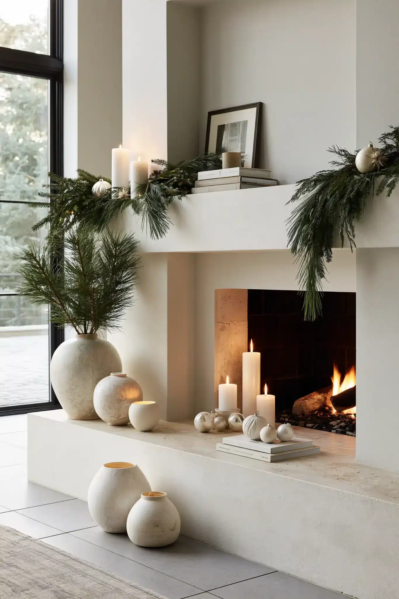 Minimal Christmas mantel with simple greenery, candles, and open space