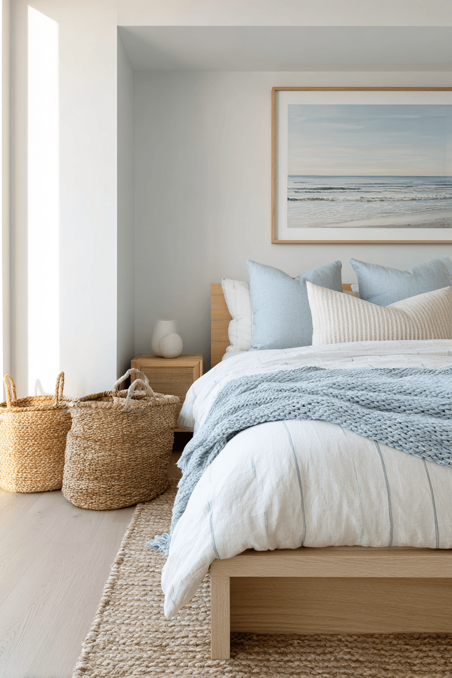 Minimal coastal bedroom with cream tones streamlined furniture and a simple ocean-inspired art piece