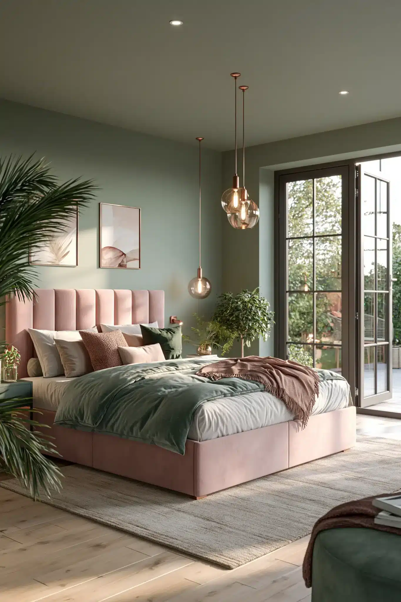 Modern sage green and blush bedroom with clean lines, plants, and warm lighting.