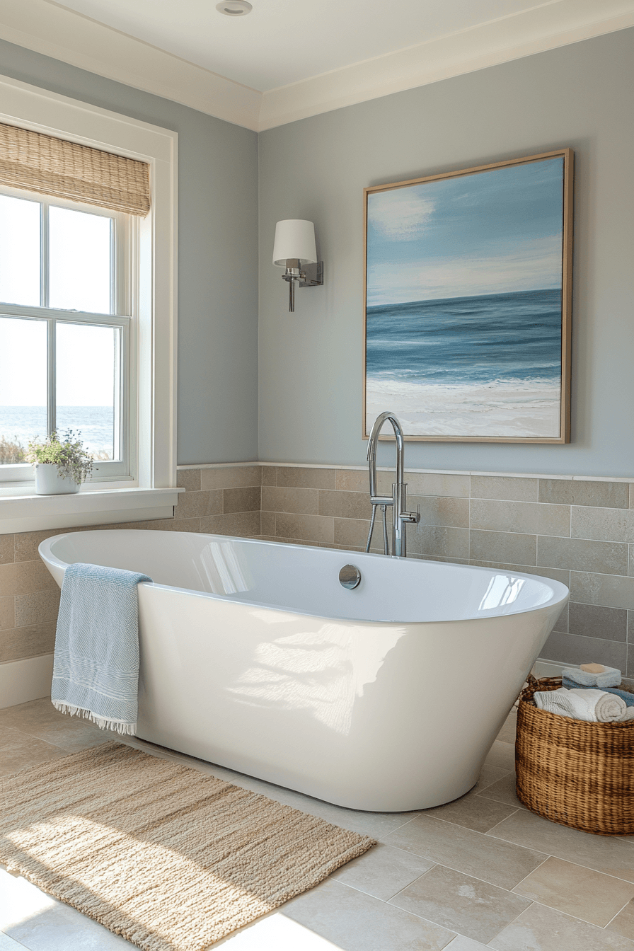 Modern coastal bathroom with clean lines, shoreline colors, and sleek finishes