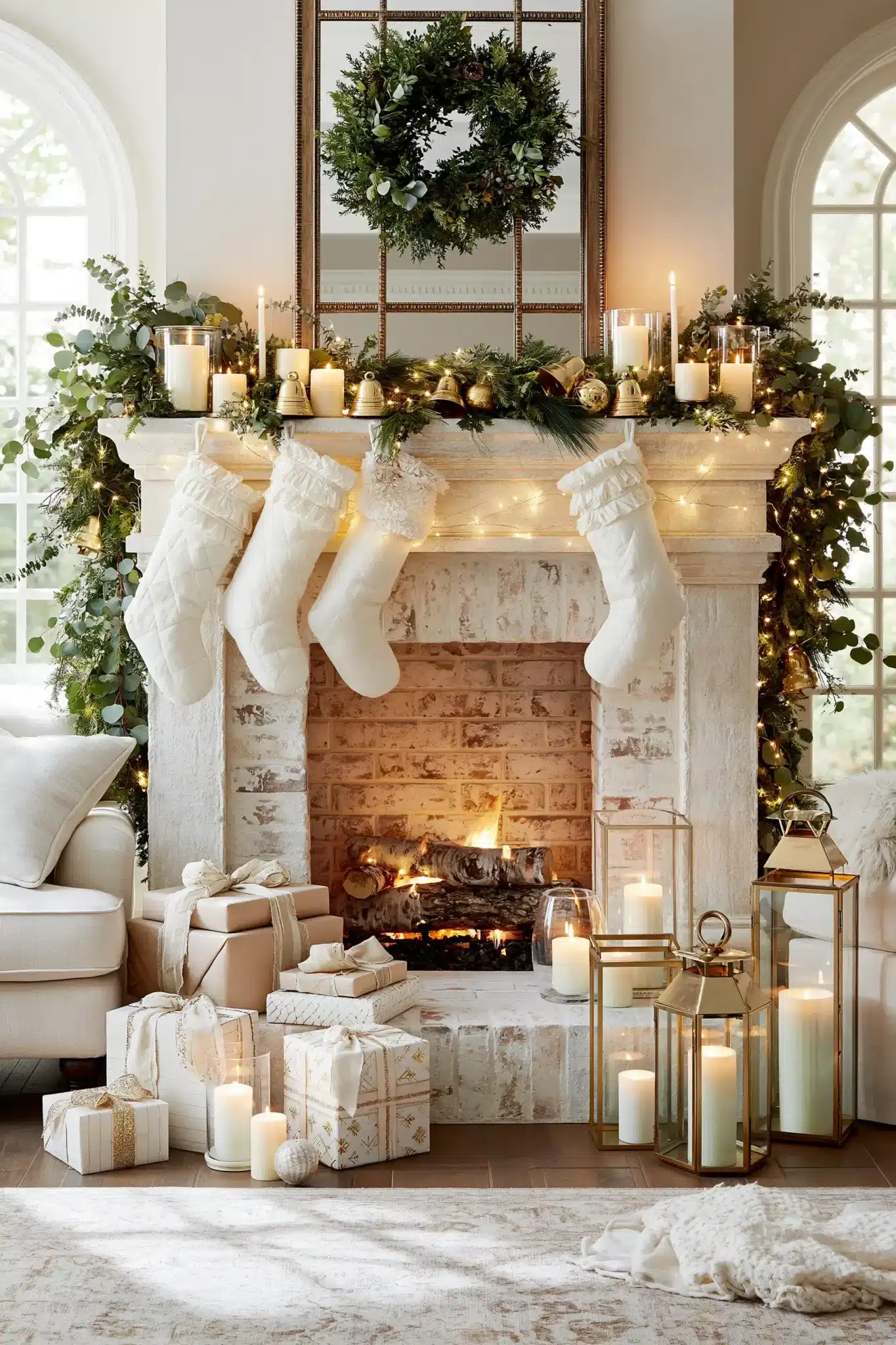 A bright Christmas fireplace with white stockings, greenery, and elegant holiday decor.
