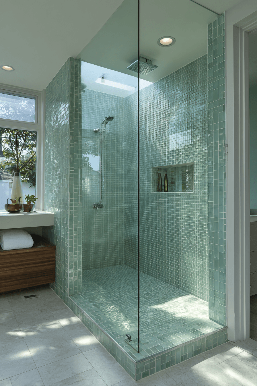 Modern coastal bathroom with a frameless glass shower and natural textures