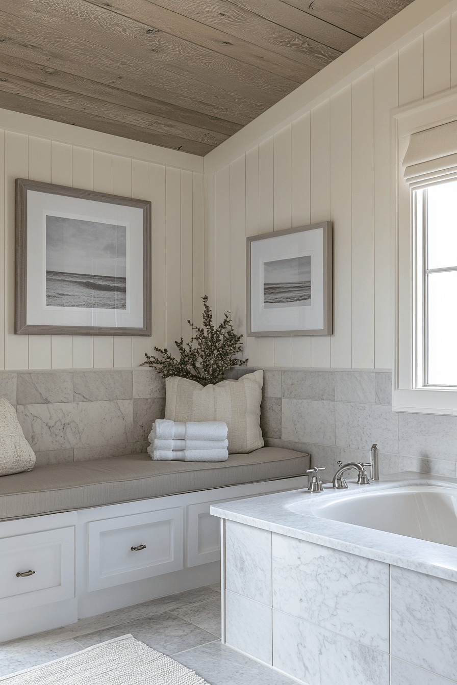 Coastal bathroom with a built-in bench, soft textures, and spa-like comfort