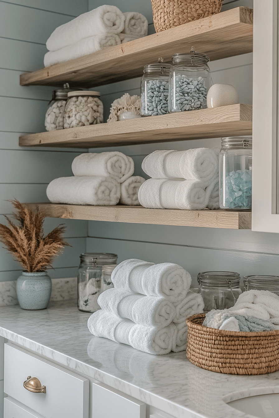 Coastal bathroom with open shelving, rolled towels, and relaxed beach-style decor
