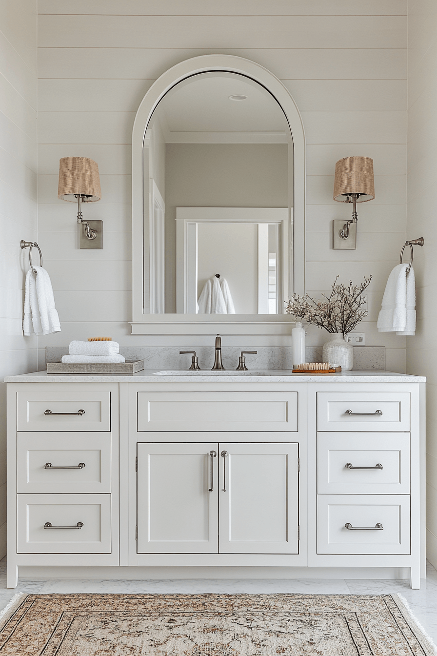 Coastal bathroom with an arched mirror above a light vanity and soft seaside finishes