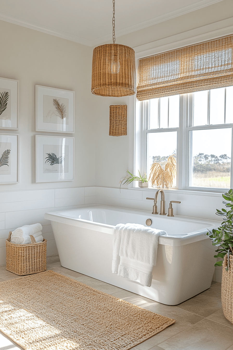 Coastal bathroom with rattan light fixtures and warm natural textures