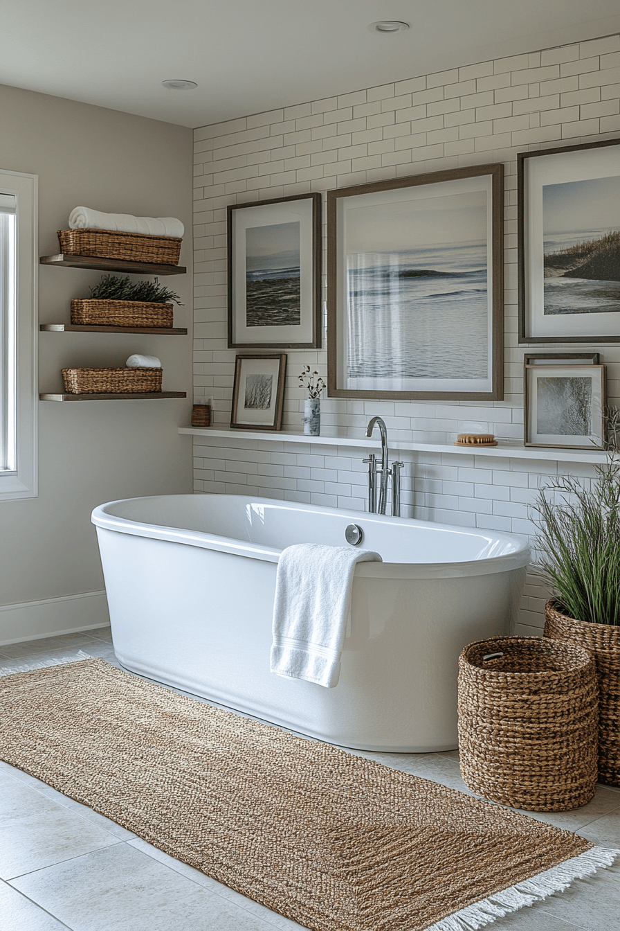 Coastal bathroom styled with seagrass accents, woven textures, and light finishes