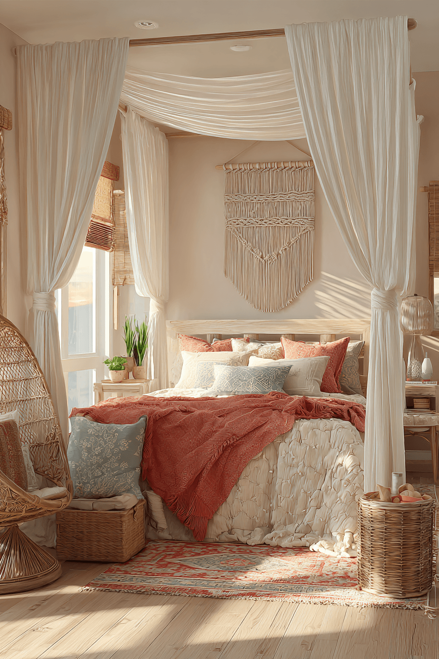 Beachy boho bedroom with macrame wall decor light wood furniture and textured pillows