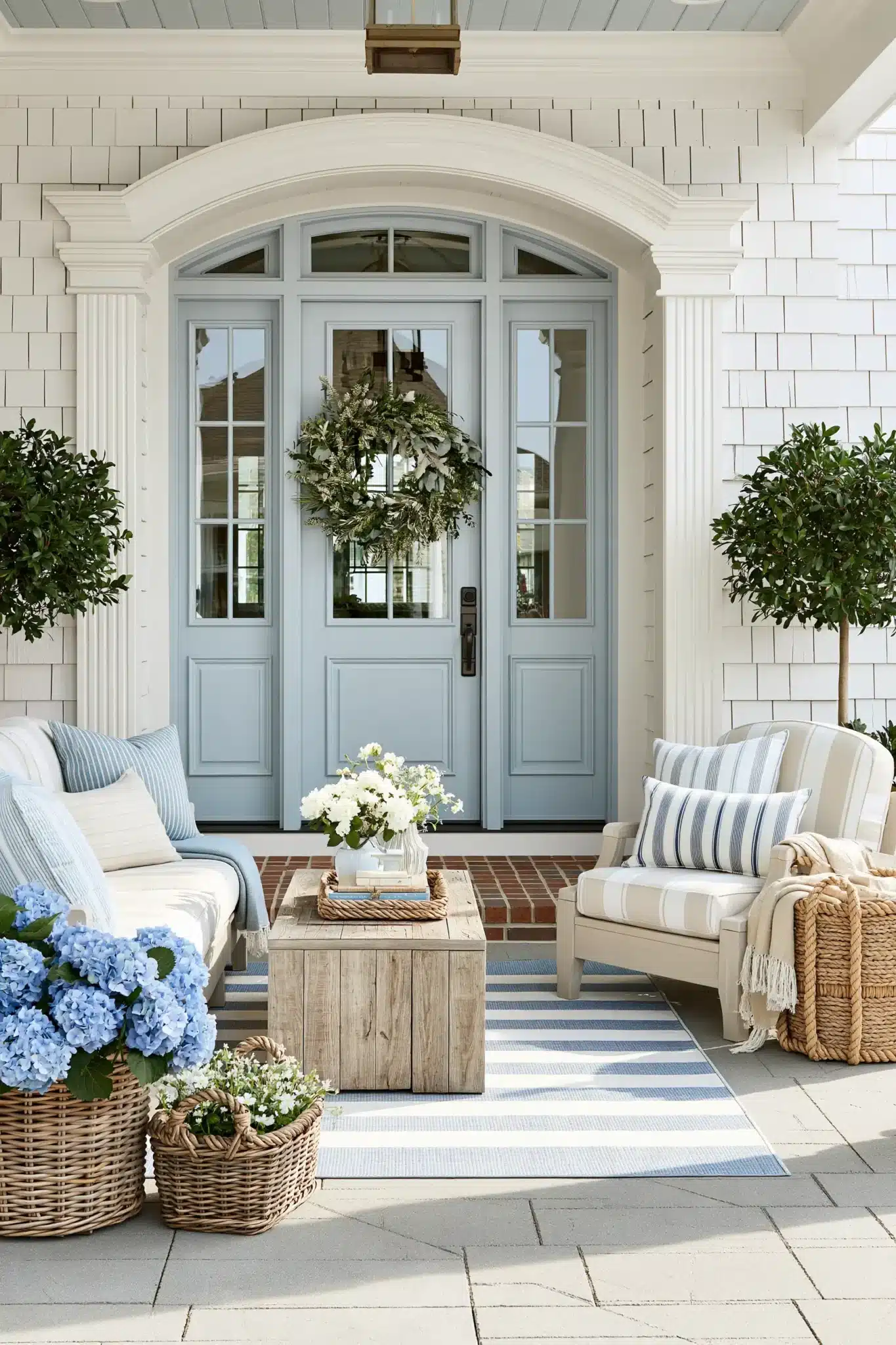 A breezy coastal spring porch with blue and white decor, woven textures, and natural materials.