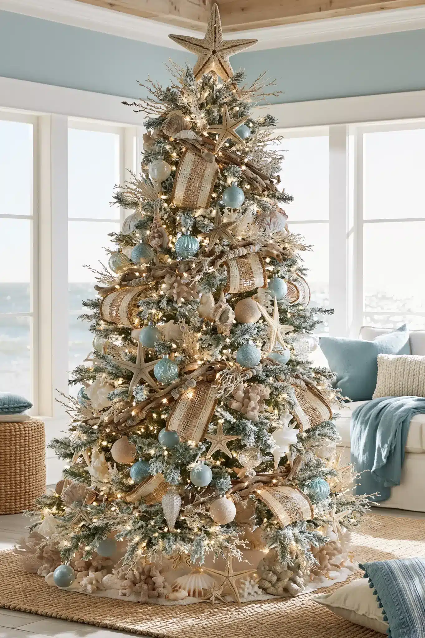 Coastal Christmas tree with soft blue ornaments, seashell accents, and driftwood details