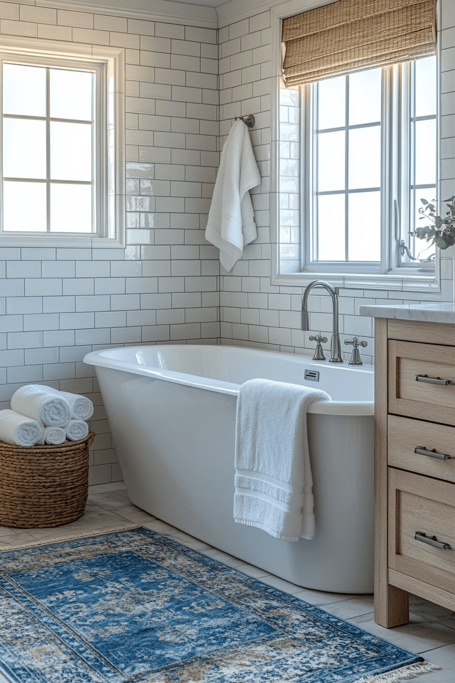 Spa-like beachy bathroom with aqua accents, white tile, and warm wood details