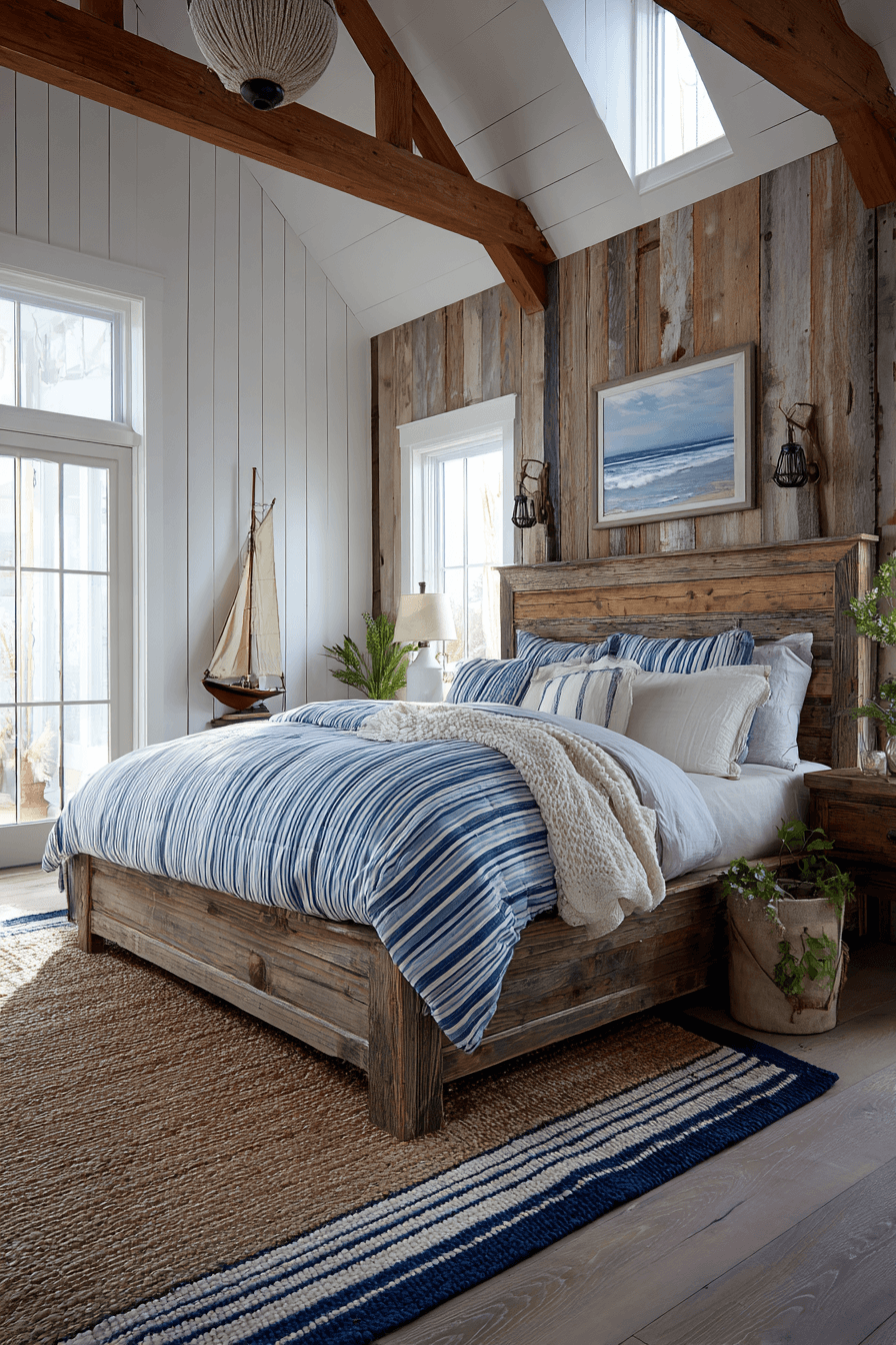 Coastal farmhouse bedroom with shiplap style, soft blue textiles, and rustic details